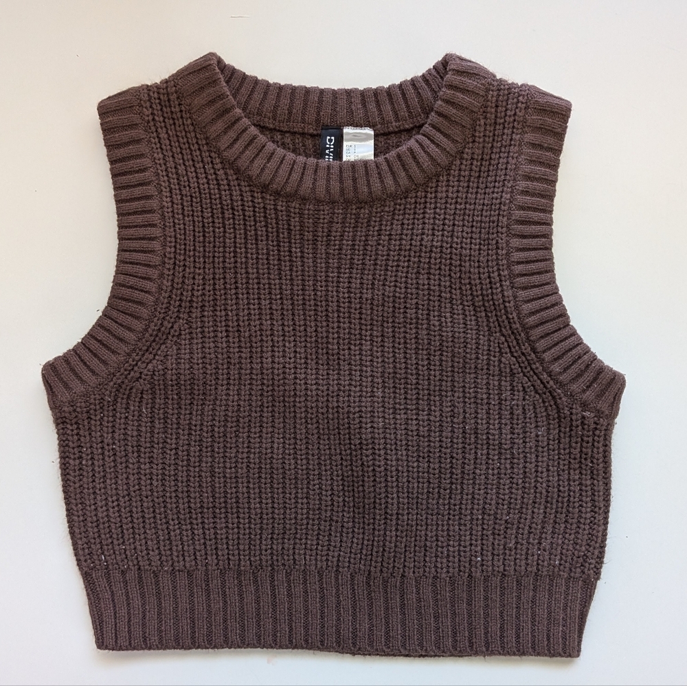 Divided Chunky Knit Sleeveless Crop Top — Brown
